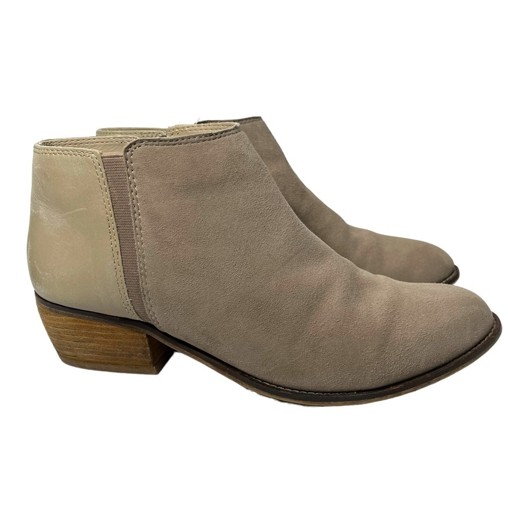 Dune London Penelope Ankle Boots Taupe Suede Leather Upper Distressed Stack Heel